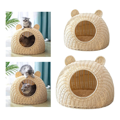 Solid Rattan Cat Bed Nest Wicker Cat Shaped Cage