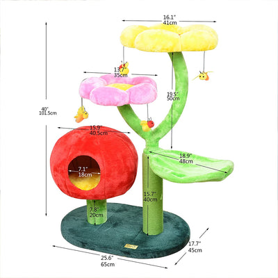 Cat Tree – Nature Looking of Cat Beds and Furniture All-In-1, Allure Cats Love to Lounge in and Lazily Recline While Playing with Cute Bees Toys and Scratching Post, Flowers