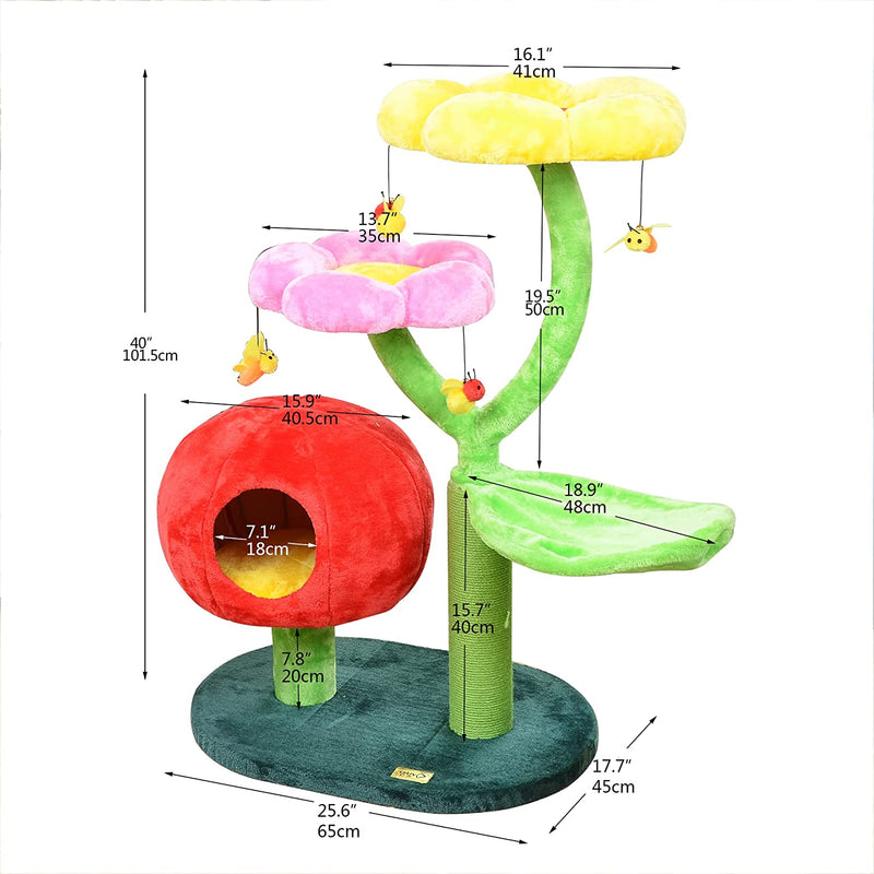 Cat Tree – Nature Looking of Cat Beds and Furniture All-In-1, Allure Cats Love to Lounge in and Lazily Recline While Playing with Cute Bees Toys and Scratching Post, Flowers