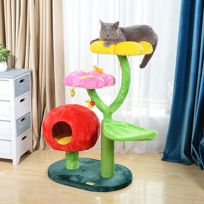 Cat Tree – Nature Looking of Cat Beds and Furniture All-In-1, Allure Cats Love to Lounge in and Lazily Recline While Playing with Cute Bees Toys and Scratching Post, Flowers