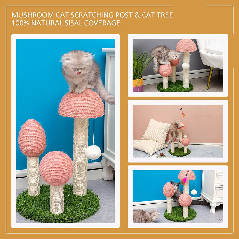 Mushroom Tall Cat Scratching Post with 3 Durable Natural Sisal Cat Scratchers Featuring with Free 35” Exquisite Feather Cat Stick and Interactive Toy Ball (Pink)