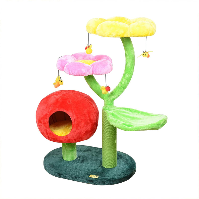 Cat Tree – Nature Looking of Cat Beds and Furniture All-In-1, Allure Cats Love to Lounge in and Lazily Recline While Playing with Cute Bees Toys and Scratching Post, Flowers