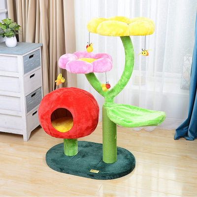 Cat Tree – Nature Looking of Cat Beds and Furniture All-In-1, Allure Cats Love to Lounge in and Lazily Recline While Playing with Cute Bees Toys and Scratching Post, Flowers