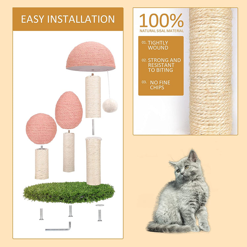 Mushroom Tall Cat Scratching Post with 3 Durable Natural Sisal Cat Scratchers Featuring with Free 35” Exquisite Feather Cat Stick and Interactive Toy Ball (Pink)