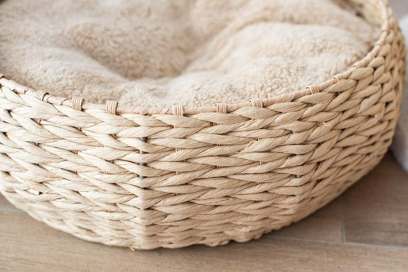 Hand Made Paper Rope round Bed for Cat/Dog/Pet Sleep with Pillow, Natural (Round)