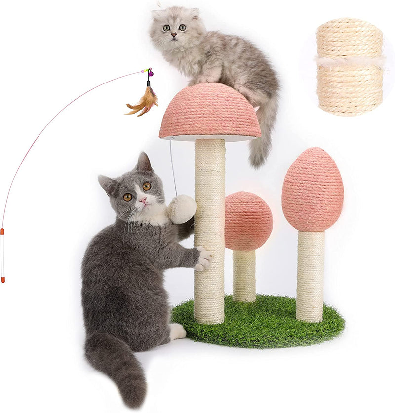 Mushroom Tall Cat Scratching Post with 3 Durable Natural Sisal Cat Scratchers Featuring with Free 35” Exquisite Feather Cat Stick and Interactive Toy Ball (Pink)