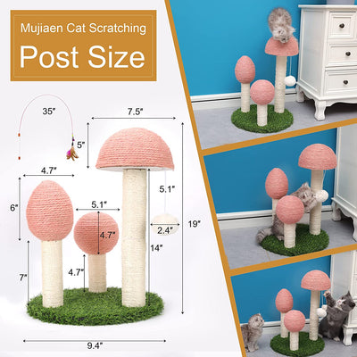 Mushroom Tall Cat Scratching Post with 3 Durable Natural Sisal Cat Scratchers Featuring with Free 35” Exquisite Feather Cat Stick and Interactive Toy Ball (Pink)